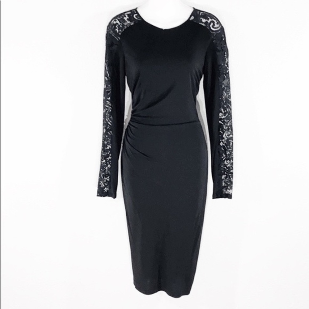 David Meister black jersey lace sleeve dress